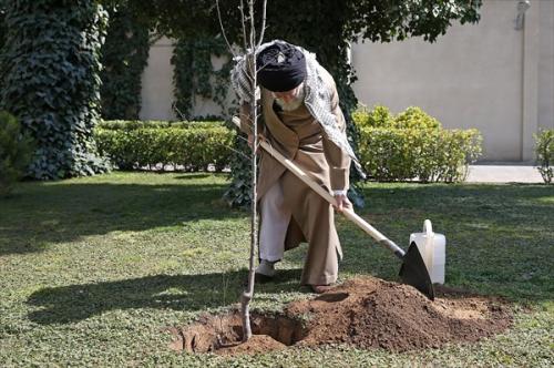 تواضع رهبر انقلاب در مراسم روز درختکاری