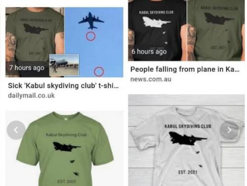  واکنش دستیار ظریف به تصاویر سقوط مردم افغانستان از هواپیما، بر روی تی‌شرت‌های آمریکایی