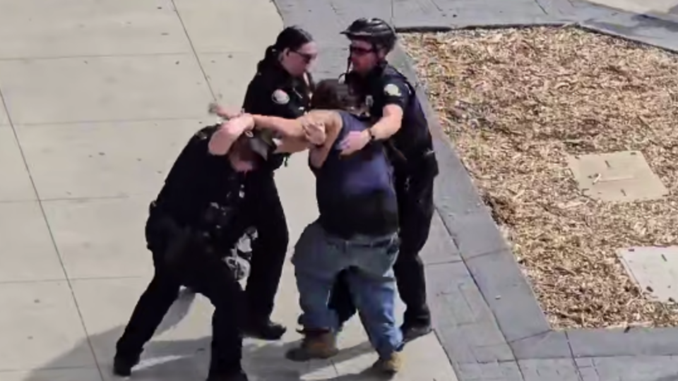 ناک اوت کردن سه پلیس از سوی یک مرد معترض در لس آنجلس