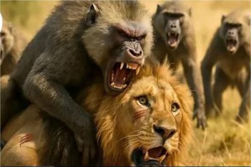 اعتماد به نفس مرگبار بابون در برابر شیرها /فیلم